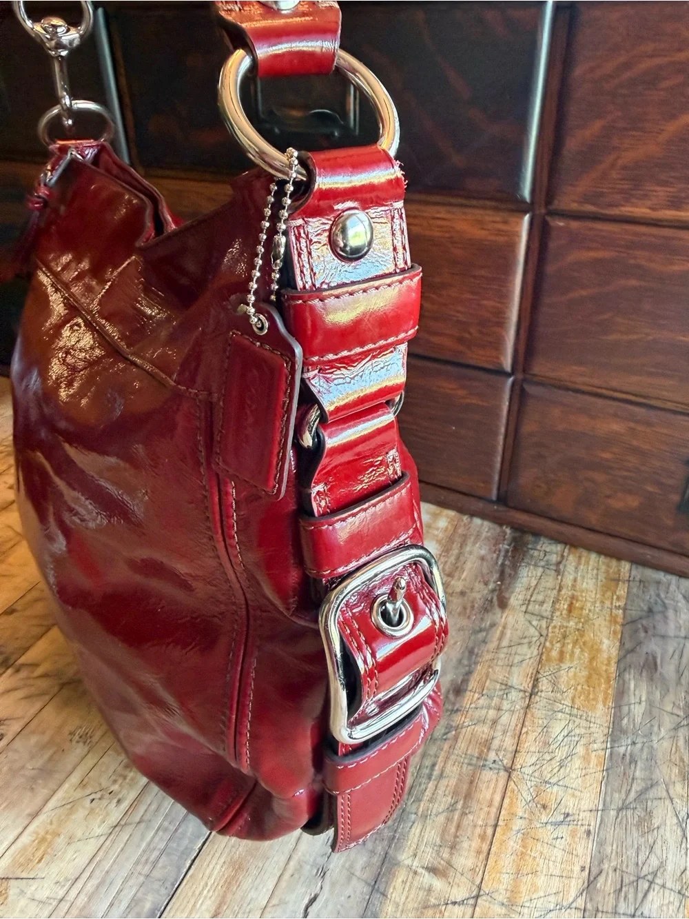 Coach Red Patent Leather Shoulder Bag with Silver Hardware